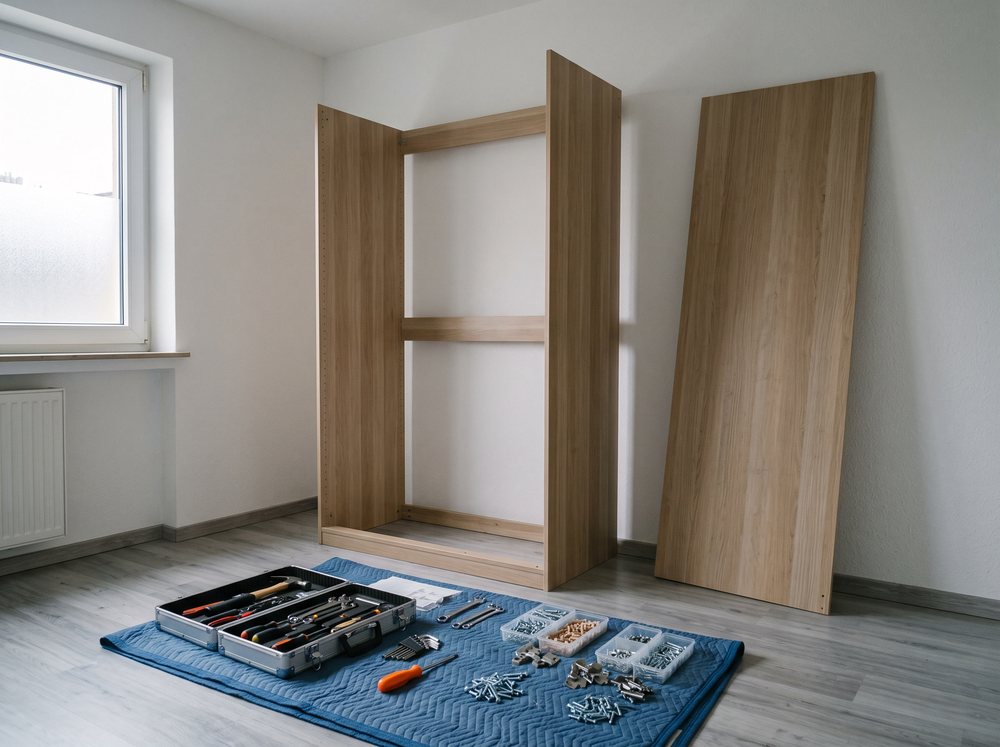Halb aufgebauter Kleiderschrank in einem leeren Zimmer, davor sortierte Beschläge und ein geöffneter Werkzeugkoffer auf einer Decke.