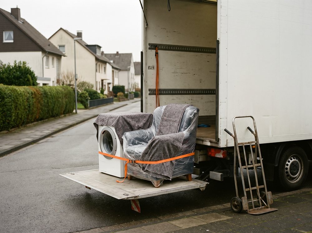 Gurtgesicherte, in Decken gewickelte Möbel am Transporter.