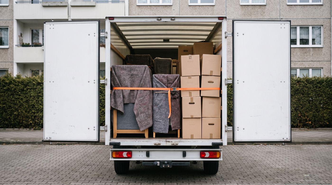 Blick in den beladenen Transporter: in Decken gewickelte Möbel und gestapelte Umzugskartons, quer gesichert mit einem Spanngurt.