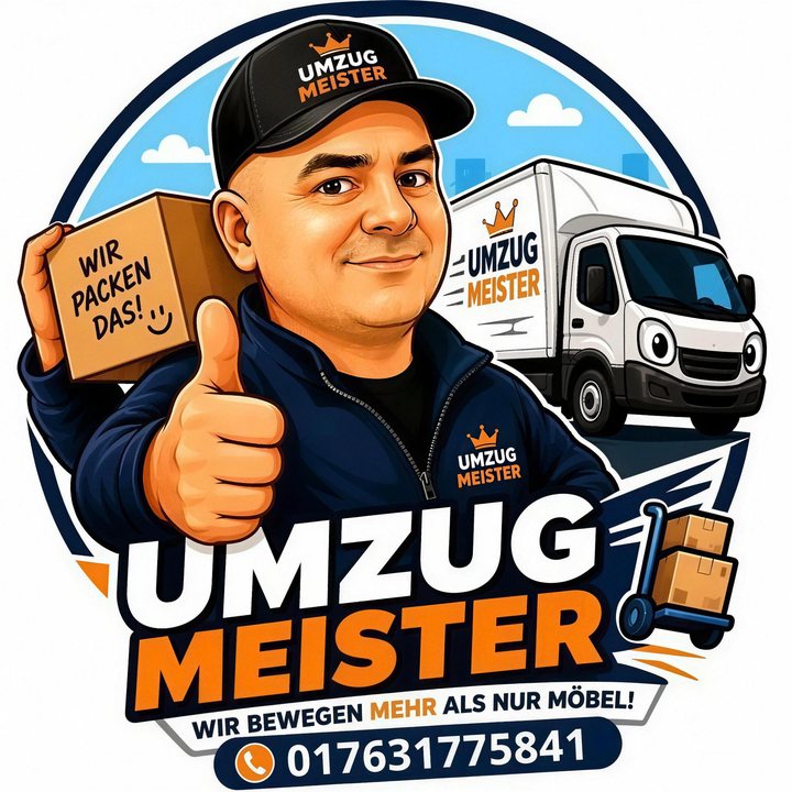 Logo von Umzugmeister: Umzugshelfer mit Kappe, Karton und Daumen hoch, dahinter ein Transporter. Wir bewegen mehr als nur Möbel.
