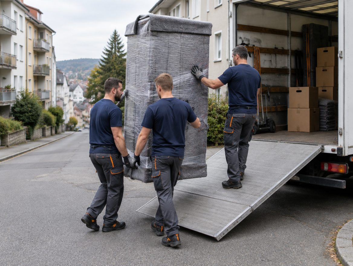 Illustration: Drei Umzugshelfer in dunkelblauer Arbeitskleidung tragen einen in Decken und Folie gewickelten Schrank zur Rampe eines Transporters.